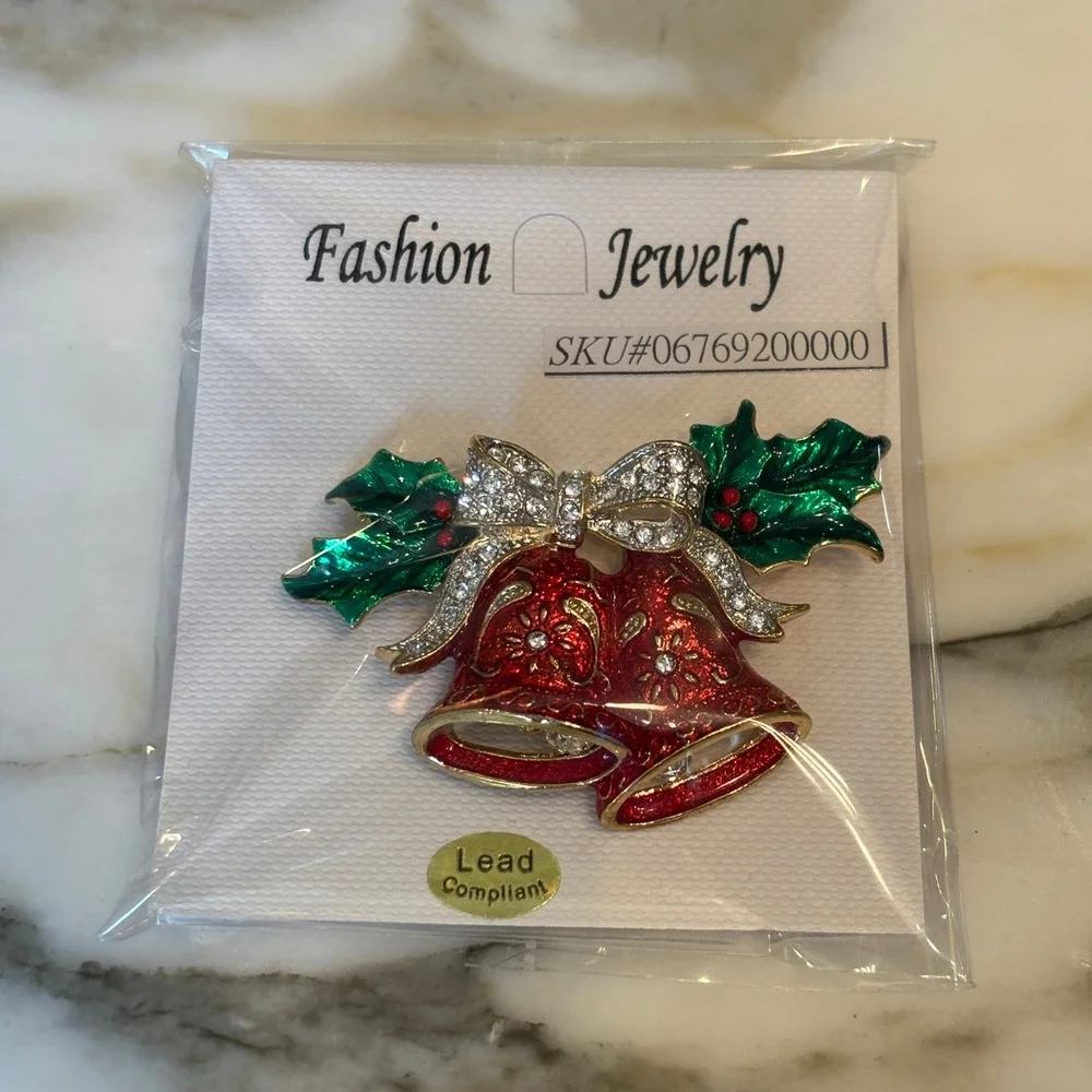 Fashion Jewelry Christmas Bells Bow Enamel Rhinestone Brooch Pin Red Green